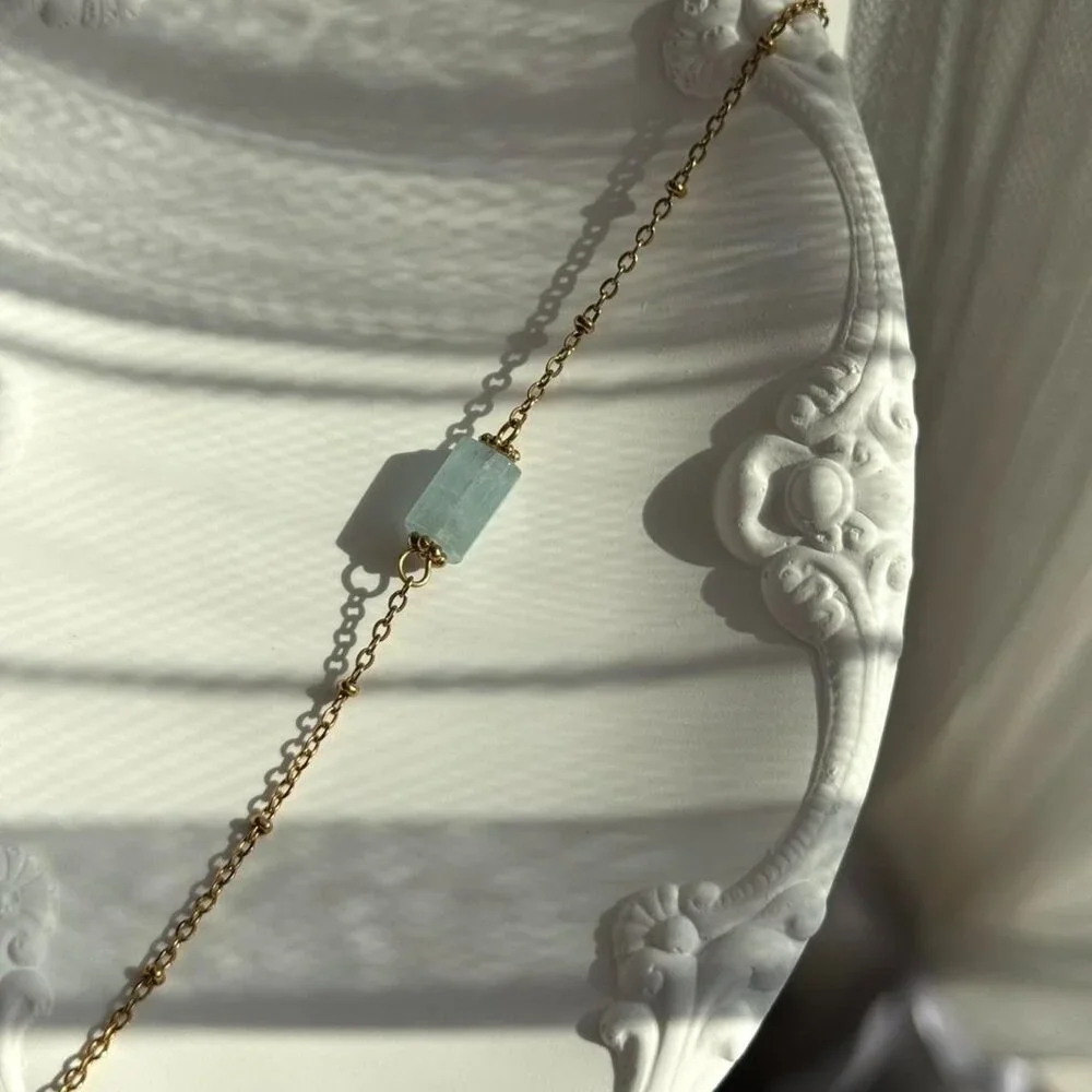 SKU0199‎ Gold Blue Aquamarine Gemstone Women Fashion Bracelet Stainless steel
